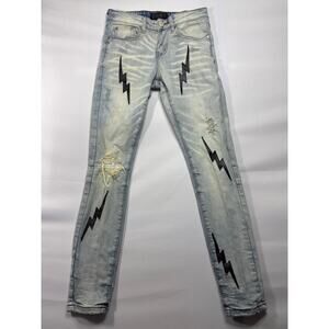 THRT Men's Lightening Bolt Distressed Skinny Blue Denim Jeans - Size 28 (27x30)